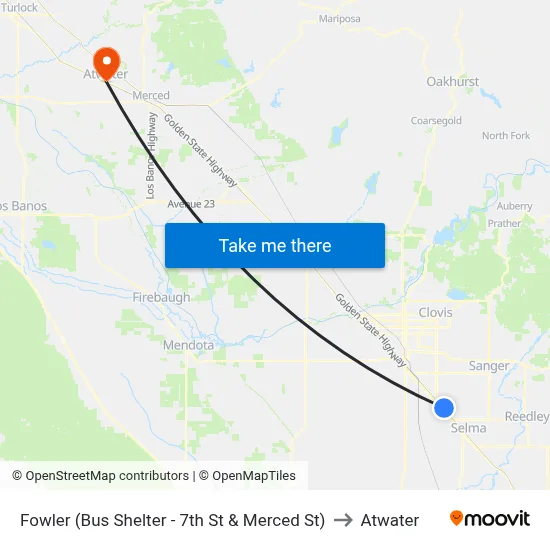 Fowler (Bus Shelter - 7th St & Merced St) to Atwater map