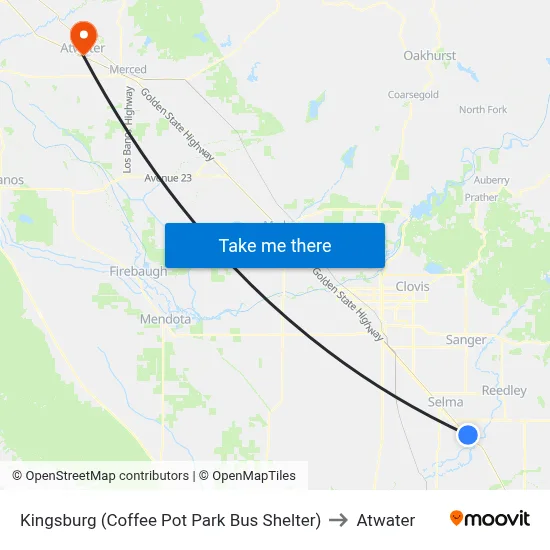 Kingsburg (Coffee Pot Park Bus Shelter) to Atwater map