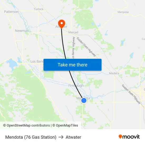 Mendota (76 Gas Station) to Atwater map