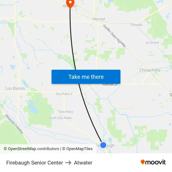 Firebaugh Senior Center to Atwater map