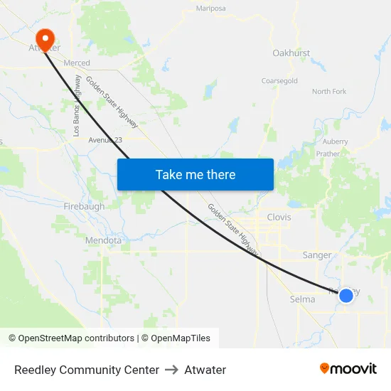 Reedley Community Center to Atwater map