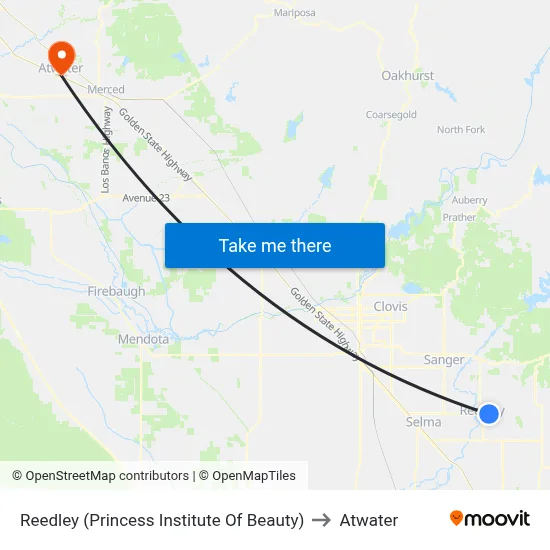 Reedley (Princess Institute Of Beauty) to Atwater map