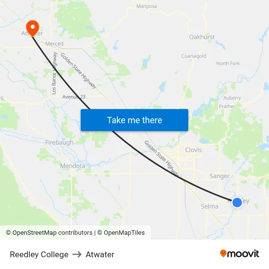 Reedley College to Atwater map