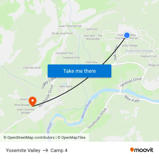 Yosemite Valley to Camp 4 map