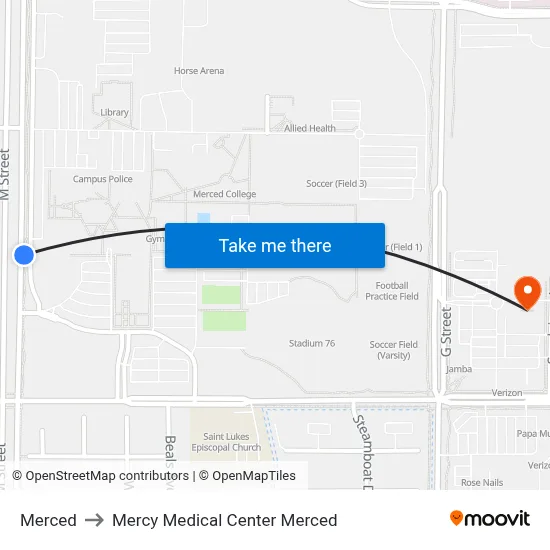 Merced to Mercy Medical Center Merced map