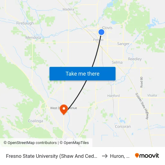 Fresno State University (Shaw And Cedar) to Huron, CA map
