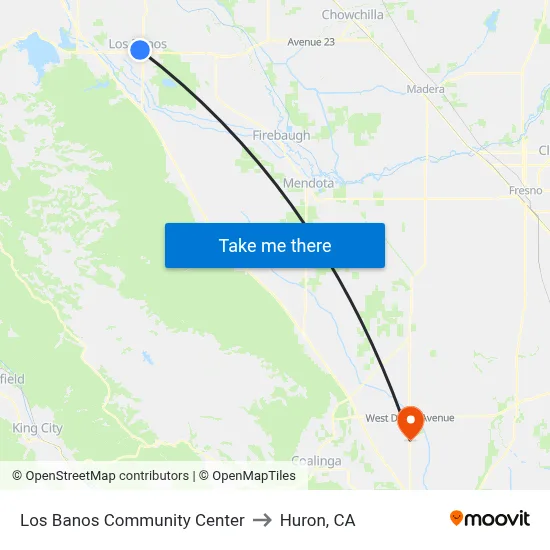 Los Banos Community Center to Huron, CA map