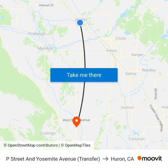 P Street And Yosemite Avenue (Transfer) to Huron, CA map