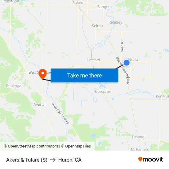 Akers & Tulare (S) to Huron, CA map