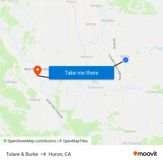 Tulare & Burke to Huron, CA map