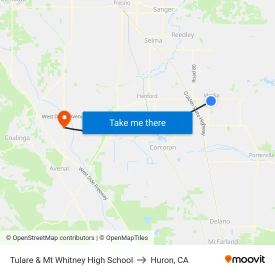 Tulare & Mt Whitney High School to Huron, CA map