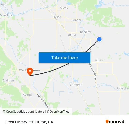 Orosi Library to Huron, CA map