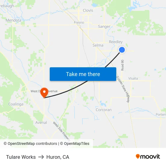 Tulare Works to Huron, CA map
