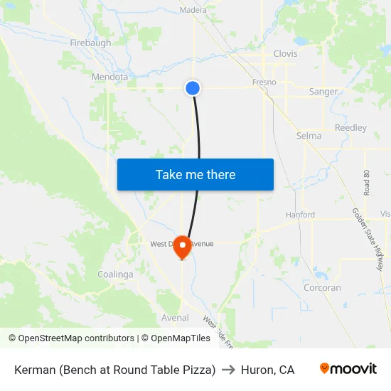 Kerman (Bench at Round Table Pizza) to Huron, CA map