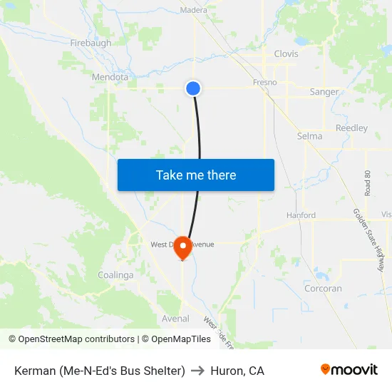Kerman (Me-N-Ed's Bus Shelter) to Huron, CA map