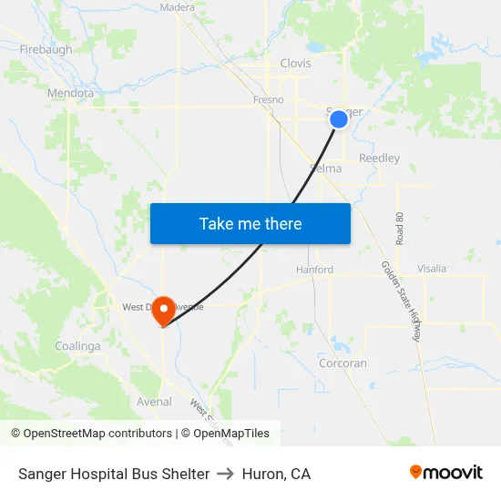 Sanger Hospital Bus Shelter to Huron, CA map