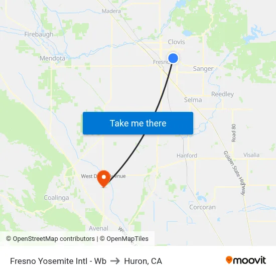 Fresno Yosemite Intl - Wb to Huron, CA map