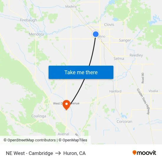 NE West - Cambridge to Huron, CA map