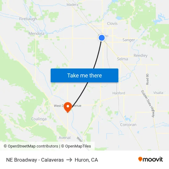 NE Broadway - Calaveras to Huron, CA map