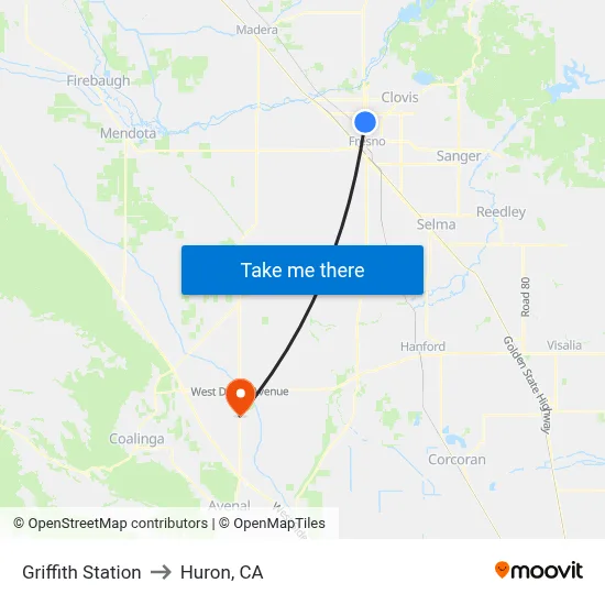Griffith Station to Huron, CA map