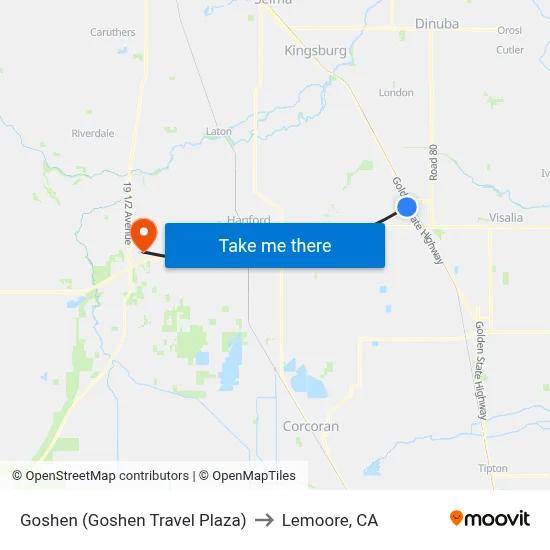 Goshen (Goshen Travel Plaza) to Lemoore, CA map