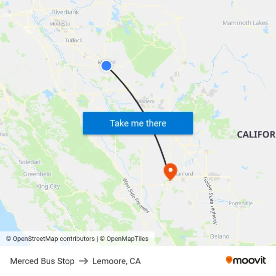 Merced Bus Stop to Lemoore, CA map