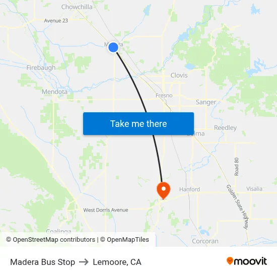 Madera Bus Stop to Lemoore, CA map