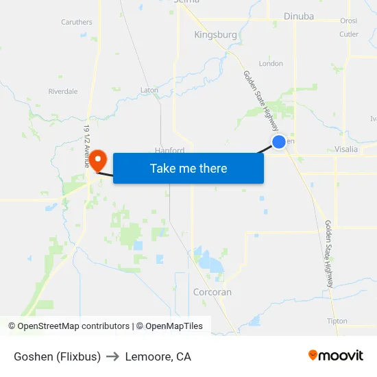 Goshen (Flixbus) to Lemoore, CA map