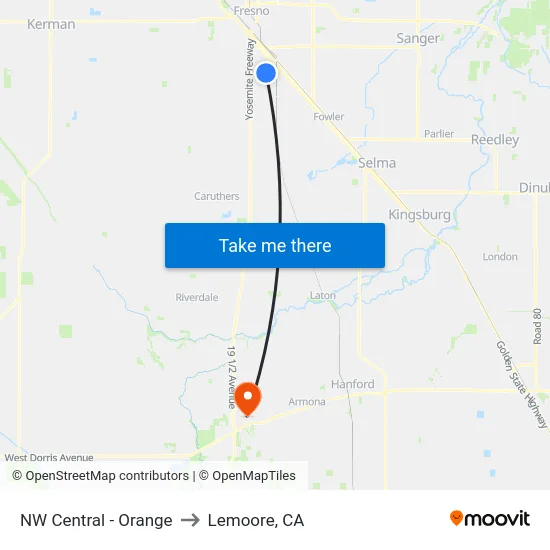 NW Central - Orange to Lemoore, CA map