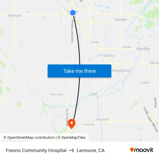 Fresno Community Hospital to Lemoore, CA map