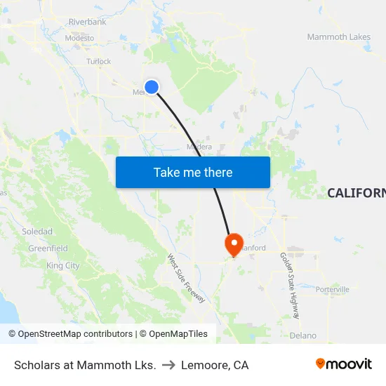 Scholars at Mammoth Lks. to Lemoore, CA map