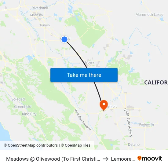Meadows @ Olivewood (To First Christian Church) to Lemoore, CA map