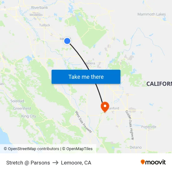Stretch @ Parsons to Lemoore, CA map