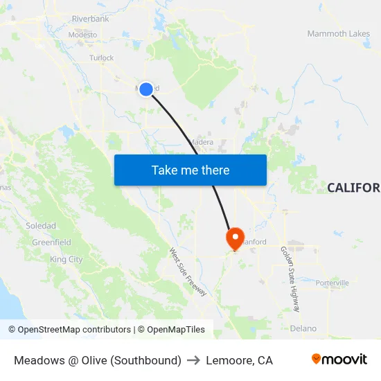 Meadows @ Olive (Southbound) to Lemoore, CA map