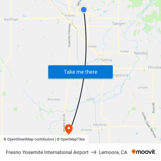 Fresno Yosemite International Airport to Lemoore, CA map