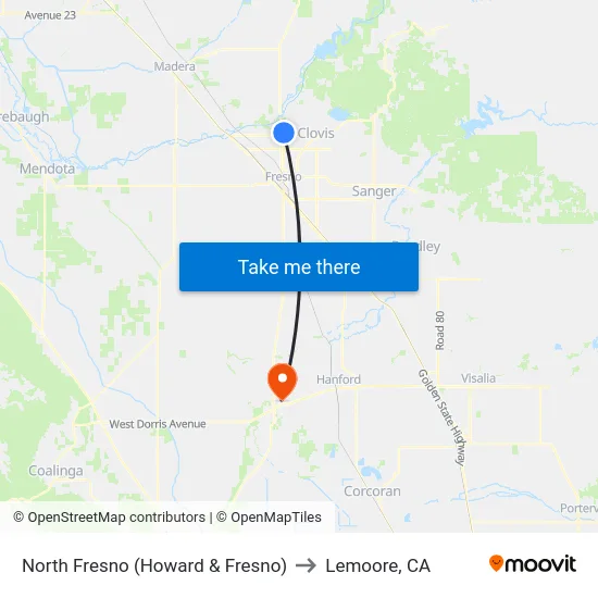North Fresno (Howard & Fresno) to Lemoore, CA map