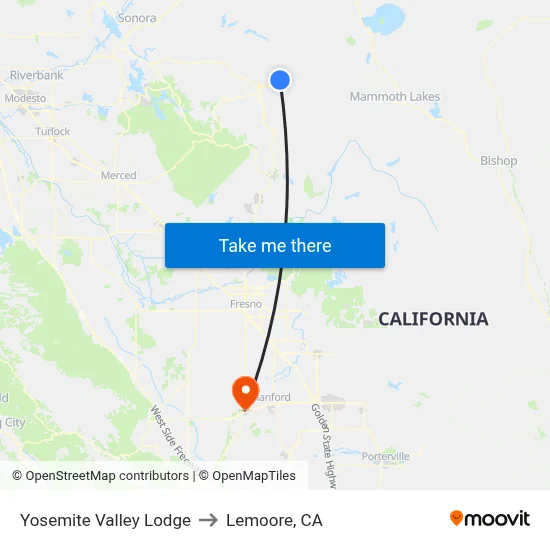 Yosemite Valley Lodge to Lemoore, CA map