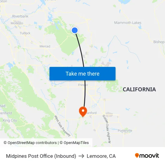Midpines Post Office (Inbound) to Lemoore, CA map