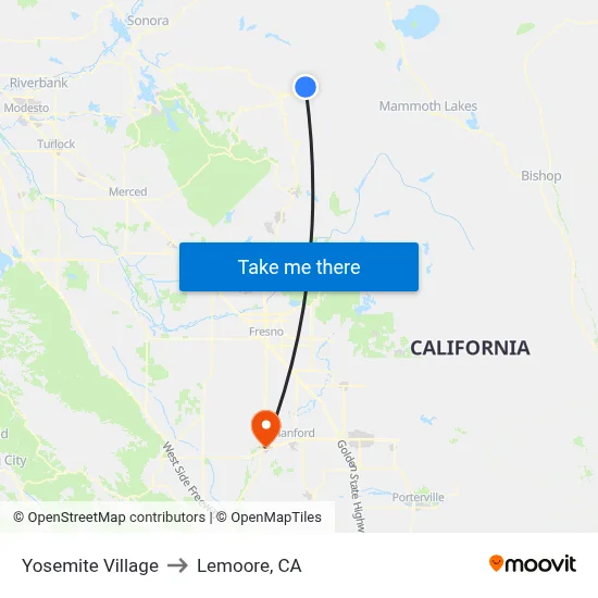 Yosemite Village to Lemoore, CA map