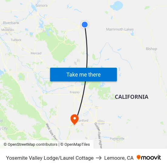 Yosemite Valley Lodge/Laurel Cottage to Lemoore, CA map