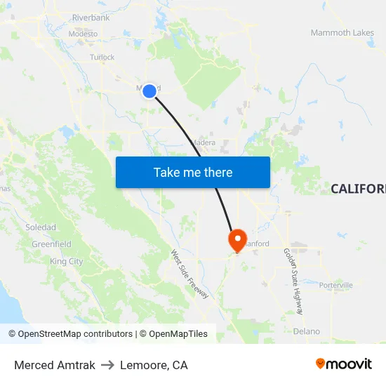 Merced Amtrak to Lemoore, CA map