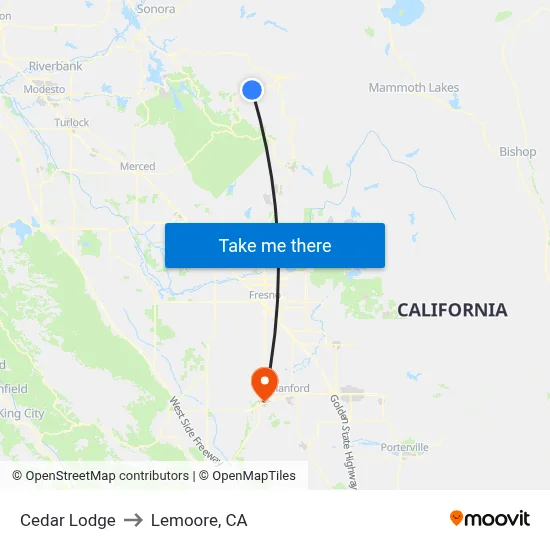 Cedar Lodge to Lemoore, CA map