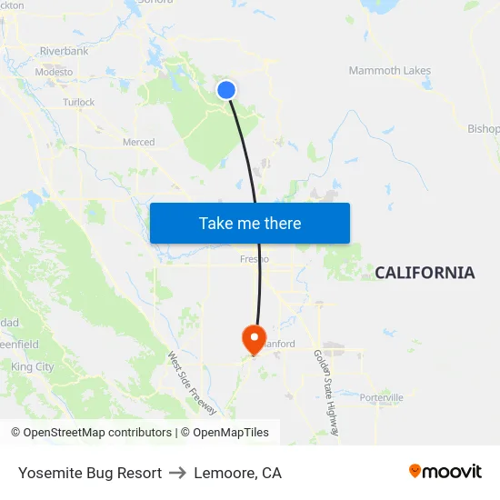 Yosemite Bug Resort to Lemoore, CA map