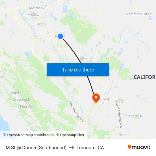 M St @ Donna (Southbound) to Lemoore, CA map