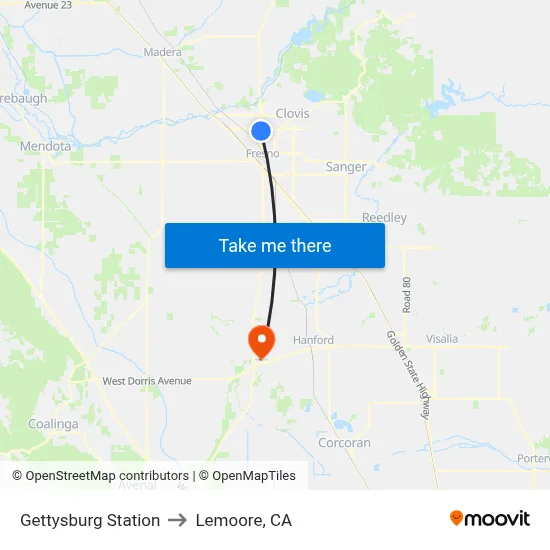 Gettysburg Station to Lemoore, CA map