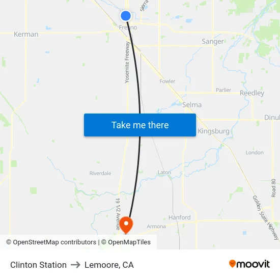 Clinton Station to Lemoore, CA map