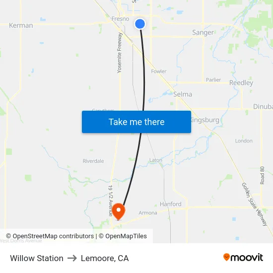 Willow Station to Lemoore, CA map