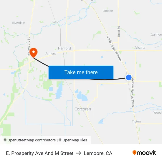 E. Prosperity Ave And M Street to Lemoore, CA map
