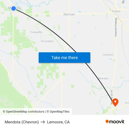 Mendota (Chevron) to Lemoore, CA map