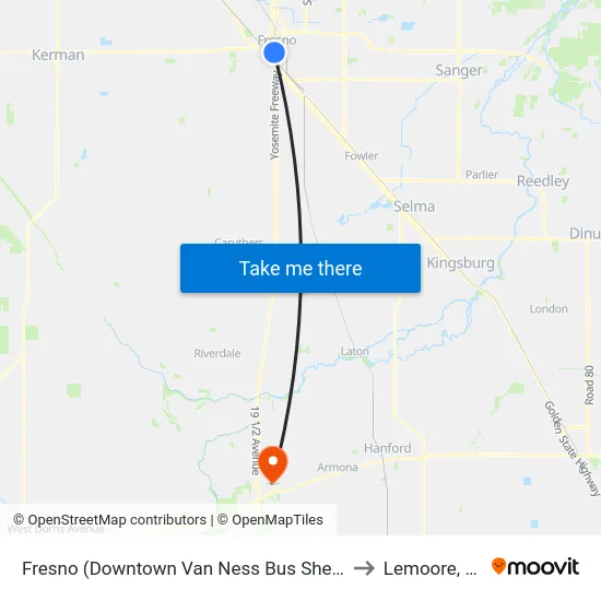 Fresno (Downtown Van Ness Bus Shelter) to Lemoore, CA map